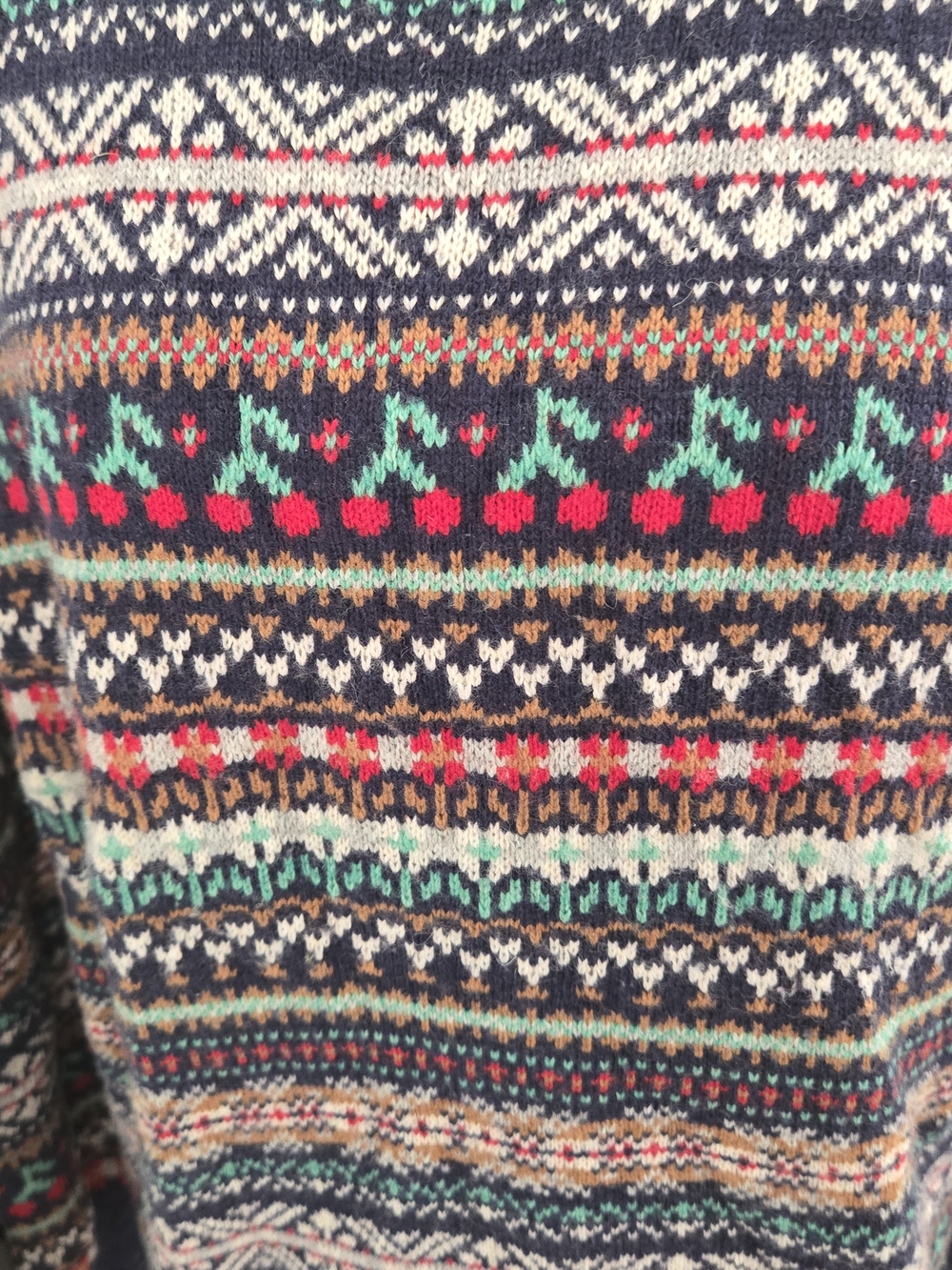 J. Crew Puff Sleeve Fair Isle Sweater Navy Colorful Cherries Wool Blend Large - Picture 4 of 10